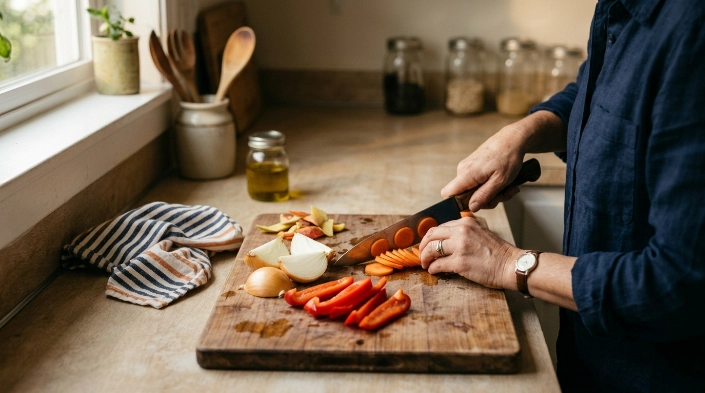 Vegetable chopper vs chopping by hand with a chef's knife making slices, wedges, and angled cuts