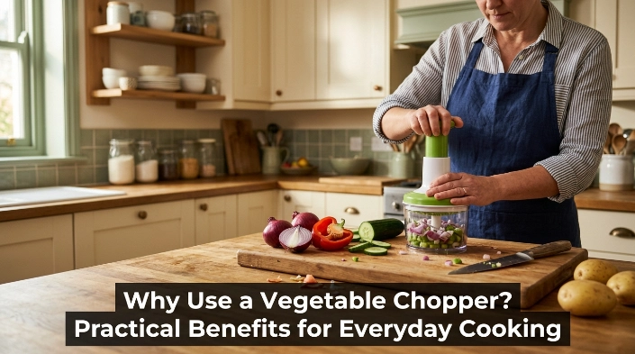 Home cook using a vegetable chopper for onions, peppers, cucumber, and potatoes