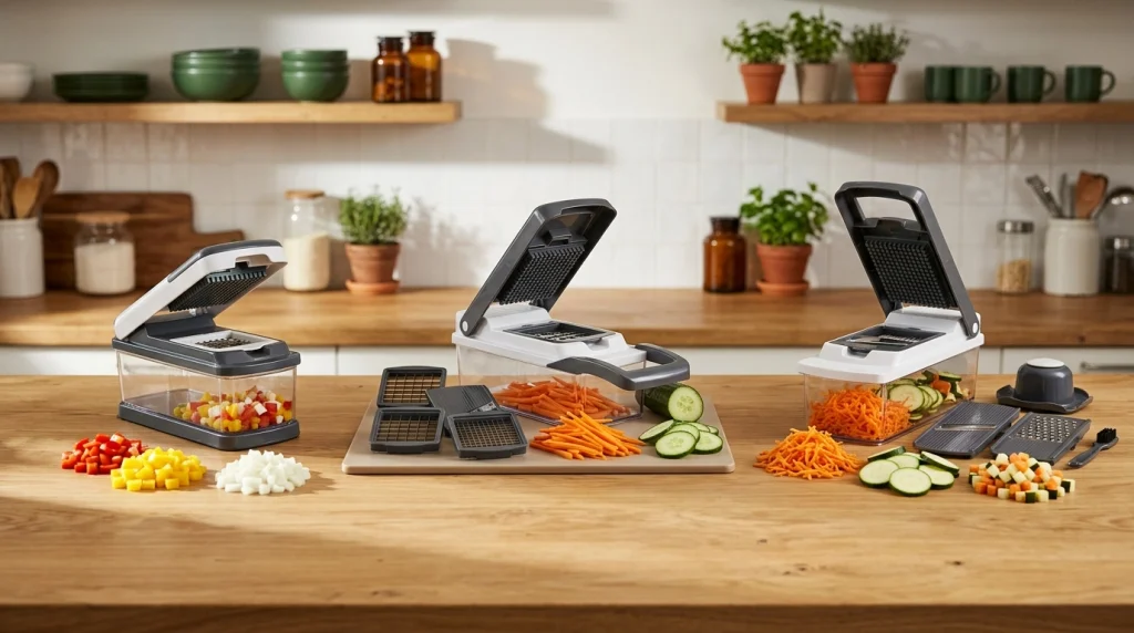 Three multi-blade vegetable chopper configurations with interchangeable attachments arranged for kitchen comparison.