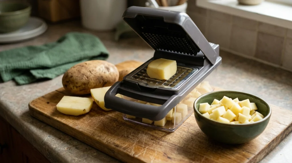 Raw potato sections beside a manual push-down vegetable chopper with a metal dicing grid in a home kitchen.