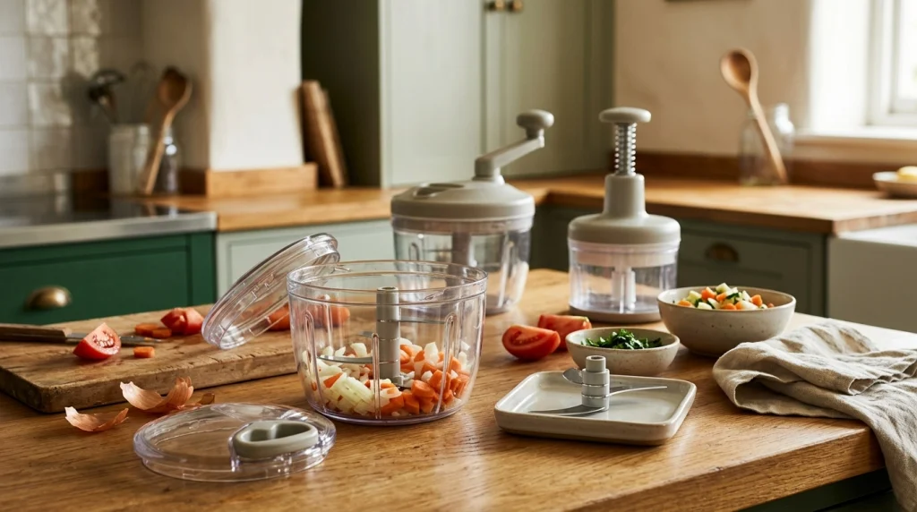Pull-cord, rotating-handle, and press-style vegetable choppers displayed with blades and fresh ingredients.