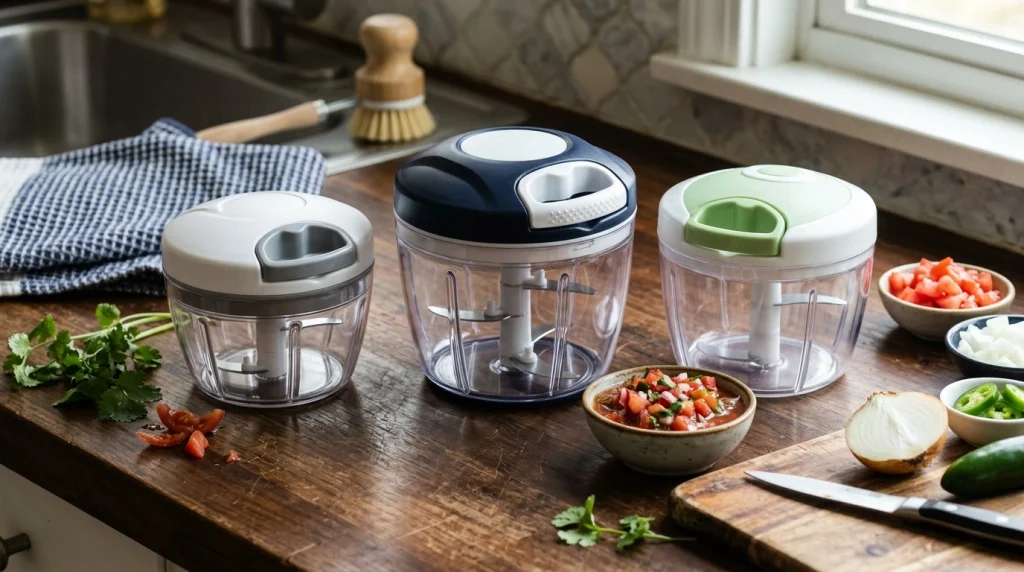 Three manual pull cord choppers compared by bowl design, handle, blades, and ease of cleaning.