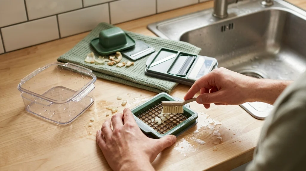 Mandoline vegetable chopper attachments being cleaned with a brush beside a sink and organized blade storage case