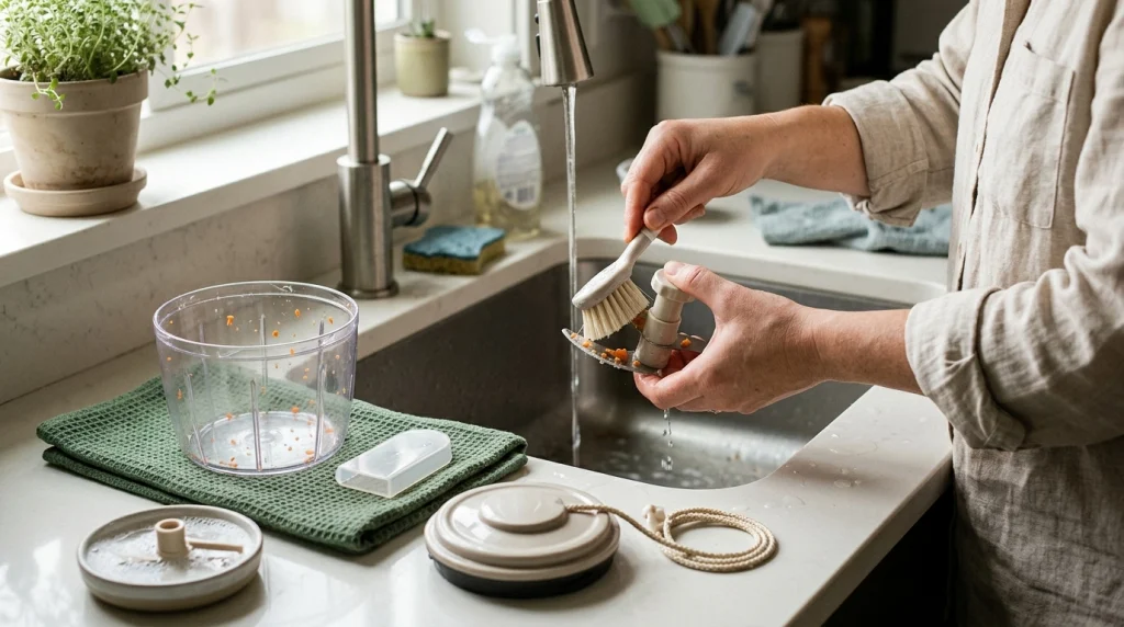 Hands carefully cleaning a manual vegetable chopper blade assembly with a soft brush beside a kitchen sink.
