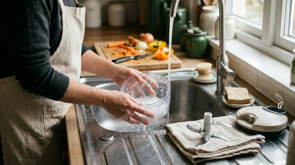 Manual vegetable chopper bowl, cleaning brush, and detached blade assembly arranged safely beside a kitchen sink.