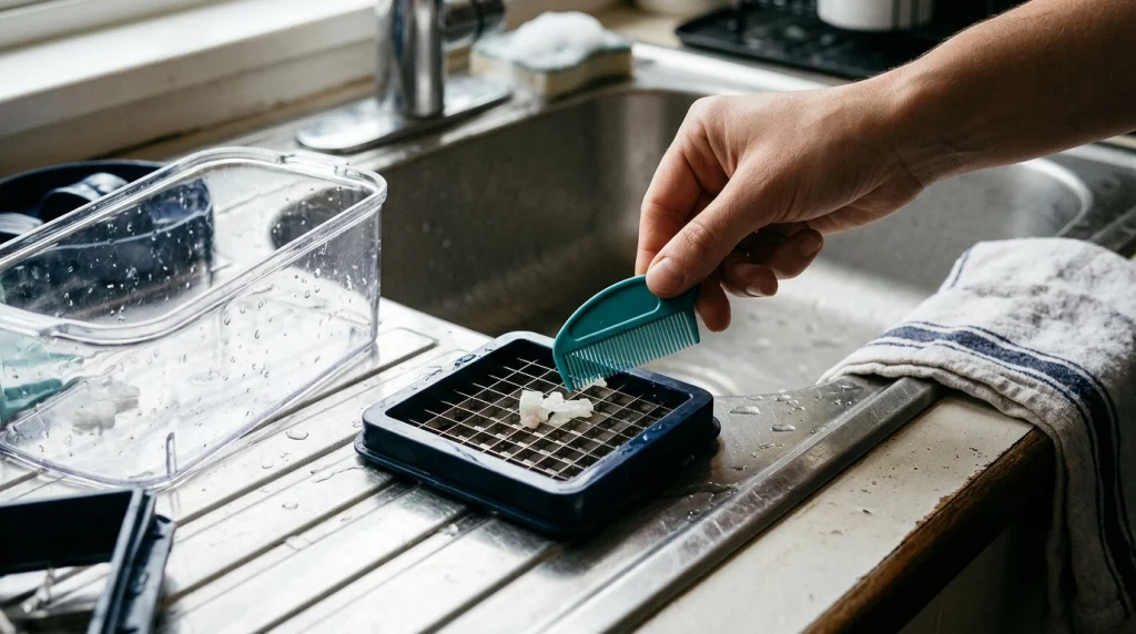 Onion chopper cutting grid and cleaning comb beside a kitchen sink after use.