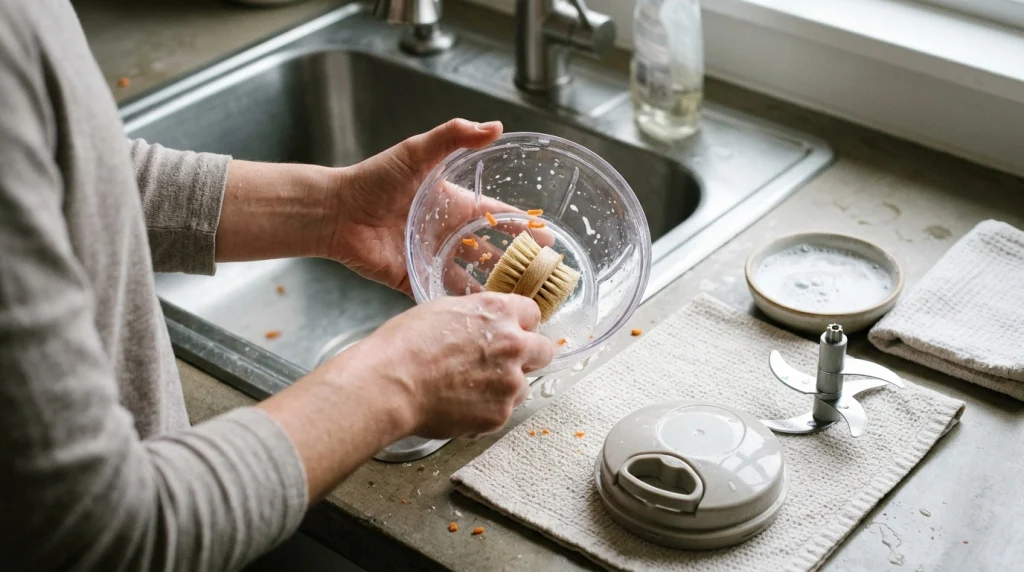 Removable carrot chopper parts, cleaning brush, soapy water, and dry towel arranged beside a kitchen sink.