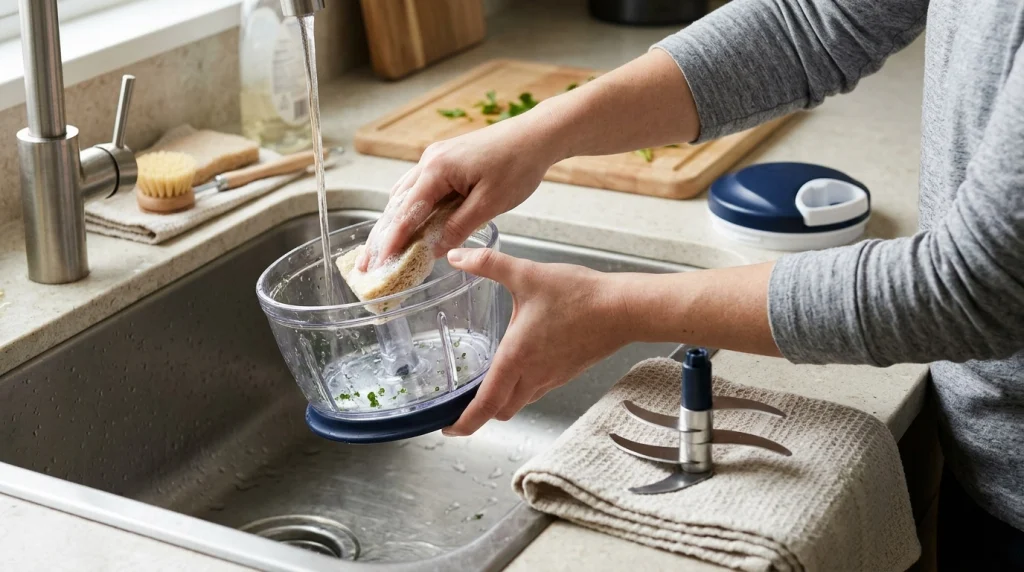 Pull cord herb chopper bowl, detached blades, and lid arranged beside cleaning tools on a kitchen counter.