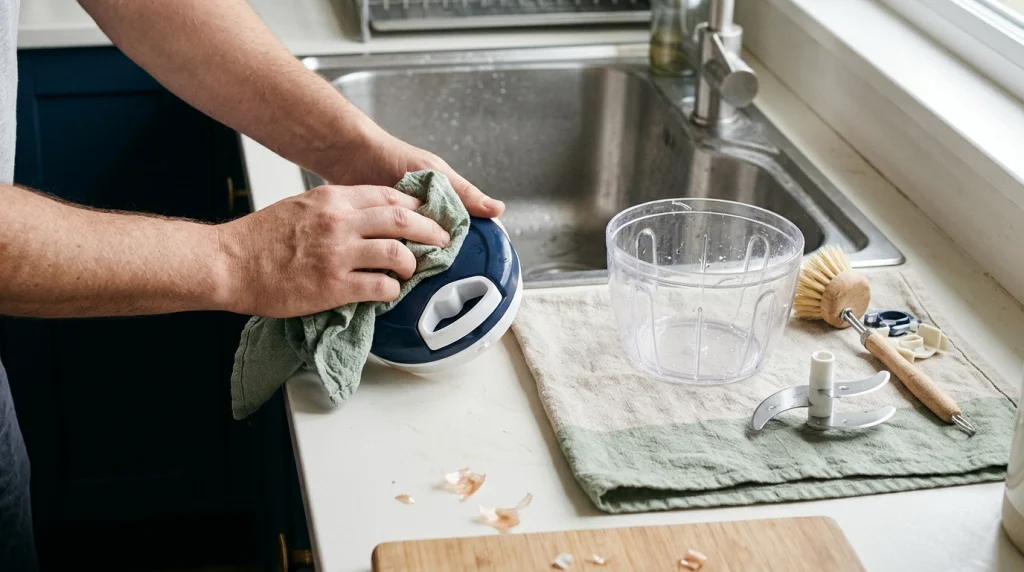 Pull cord onion chopper bowl, blade assembly, and lid arranged safely for cleaning and drying.
