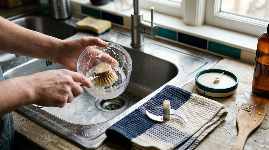 Hands washing a removable garlic chopper bowl while the blade assembly rests separately on a towel.