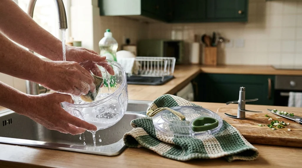 Removable pull cord vegetable chopper bowl being washed while the lid and cord mechanism stay dry nearby.