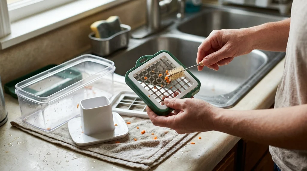 Home cook cleaning carrot fragments from a disassembled push-down vegetable chopper with a small brush.
