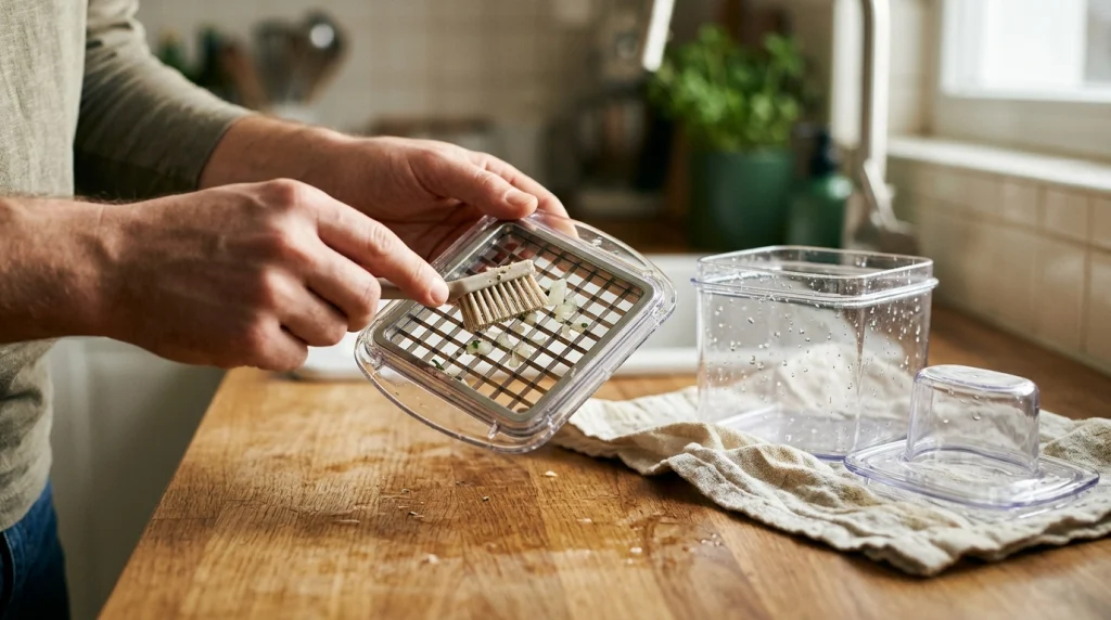 Removable vegetable chopper blade grid and container being cleaned with a small brush on a kitchen counter.