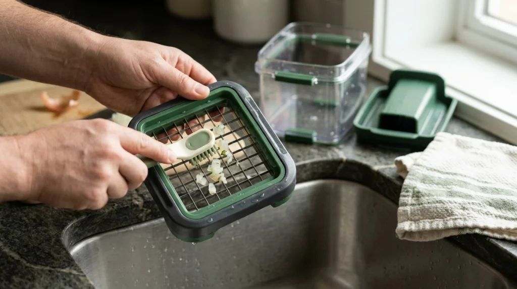 Adult cleaning a push-down vegetable dicer blade insert with a brush while keeping fingers away from sharp edges.