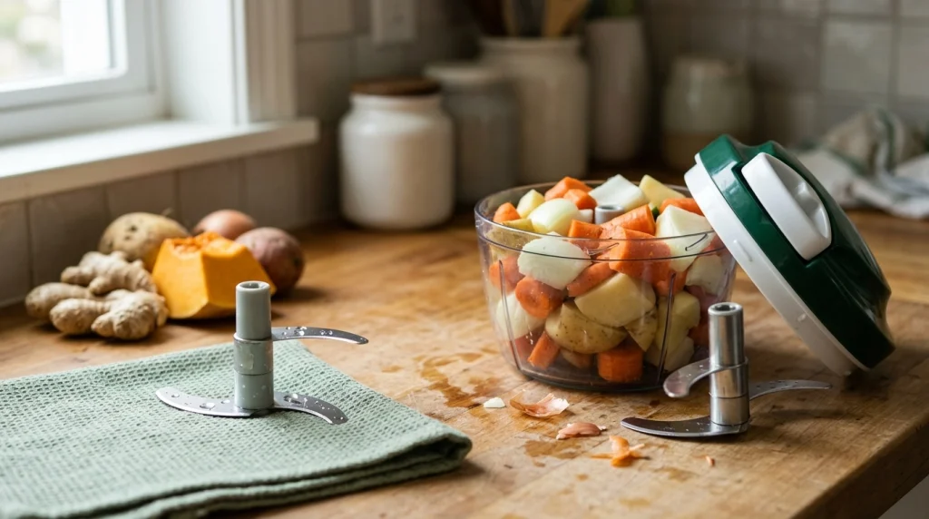 Manual vegetable chopper with an overcrowded bowl, misaligned blade assembly, and damp removable attachment.