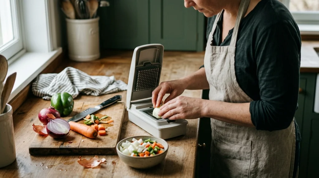Home cook preparing evenly sized vegetables beside a manual chopper and its securely fitted blade grid.