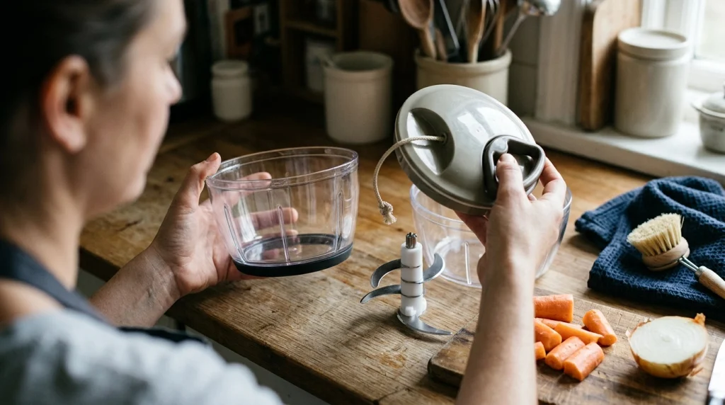 Person inspecting a pull-cord vegetable chopper, blade holder, bowl, lid, and cleaning brush in a kitchen.