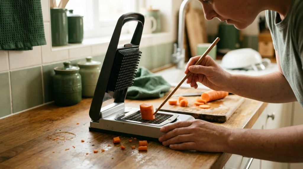 Home cook safely inspecting a carrot stuck in a push down vegetable chopper cutting grid.