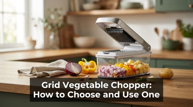 Manual grid vegetable chopper with stainless steel dicing blades, diced onions, peppers, and potatoes on a kitchen counter.