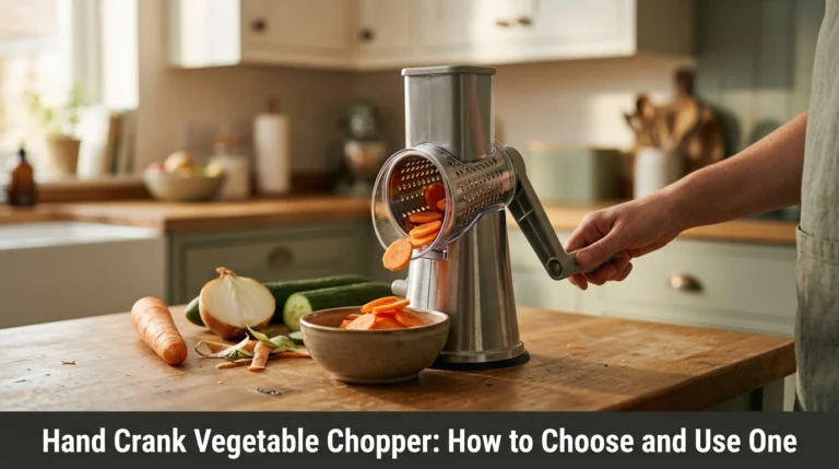 Hand crank vegetable chopper shredding carrots on a wooden kitchen counter beside fresh vegetables