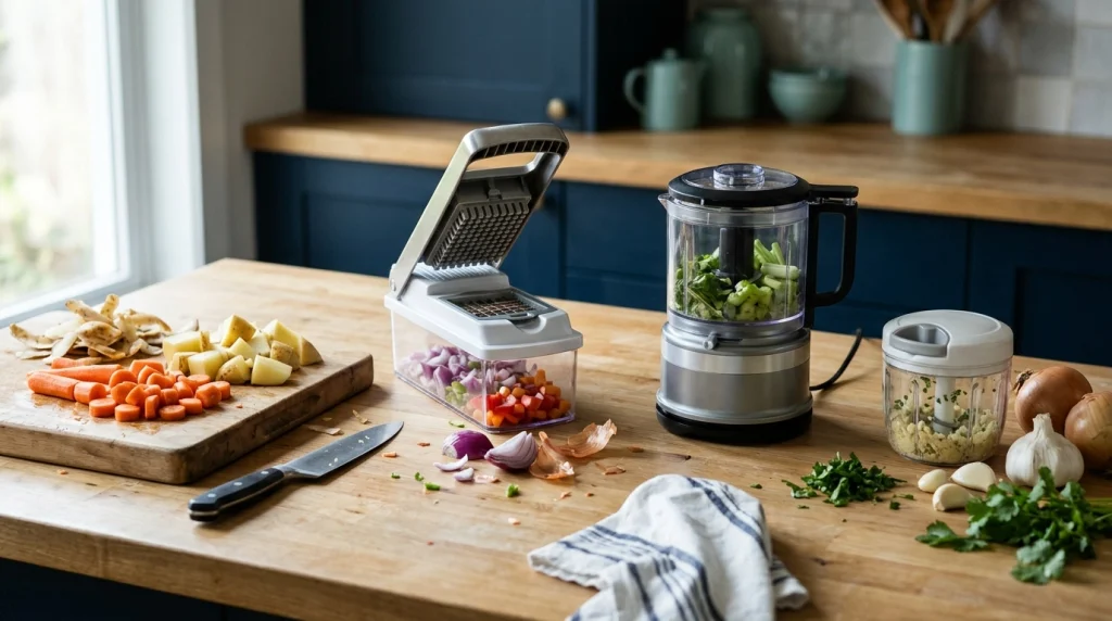 Chef's knife, push-style dicer, food processor, and pull cord chopper arranged for different vegetable preparation tasks.