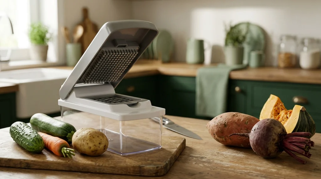 Push down vegetable chopper with carrots, potatoes, zucchini, sweet potato, beetroot, and squash.