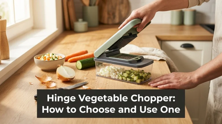Hinge vegetable chopper with stainless steel grid cutting onions and cucumbers on a home kitchen countertop.