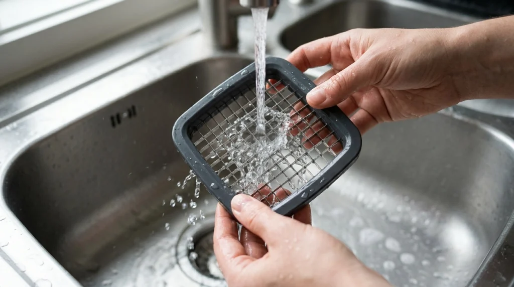 Rinsing a vegetable chopper blade grid under a kitchen tap.