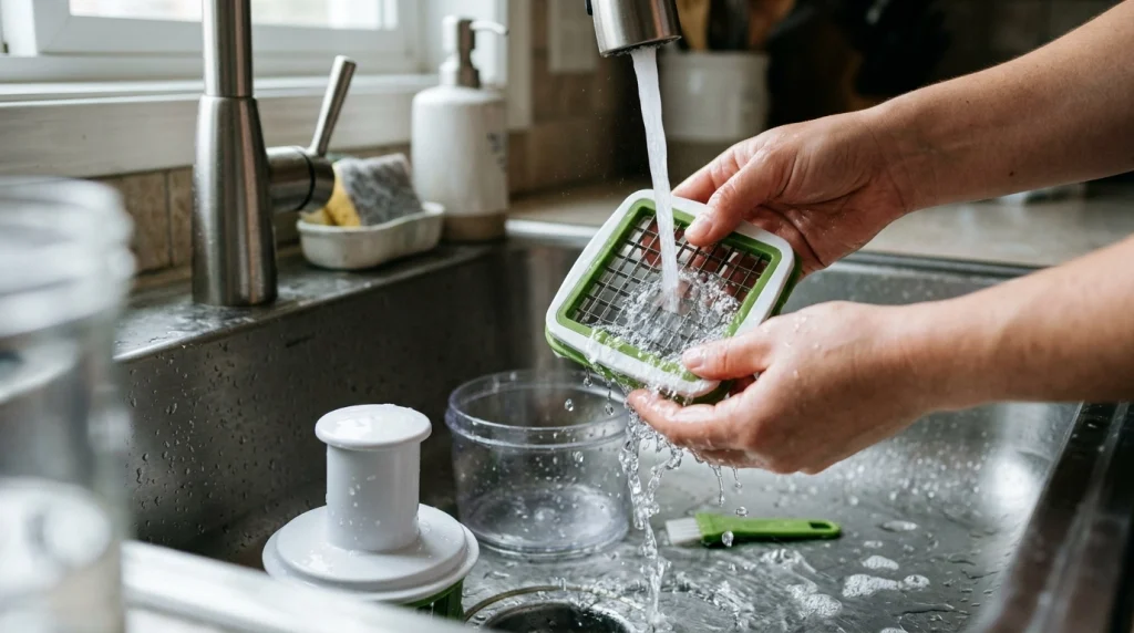 Cleaning and rinsing vegetable chopper parts under kitchen sink water.