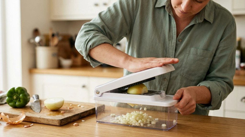 Home cook pressing onion through a manual grid vegetable chopper into a transparent collection container.
