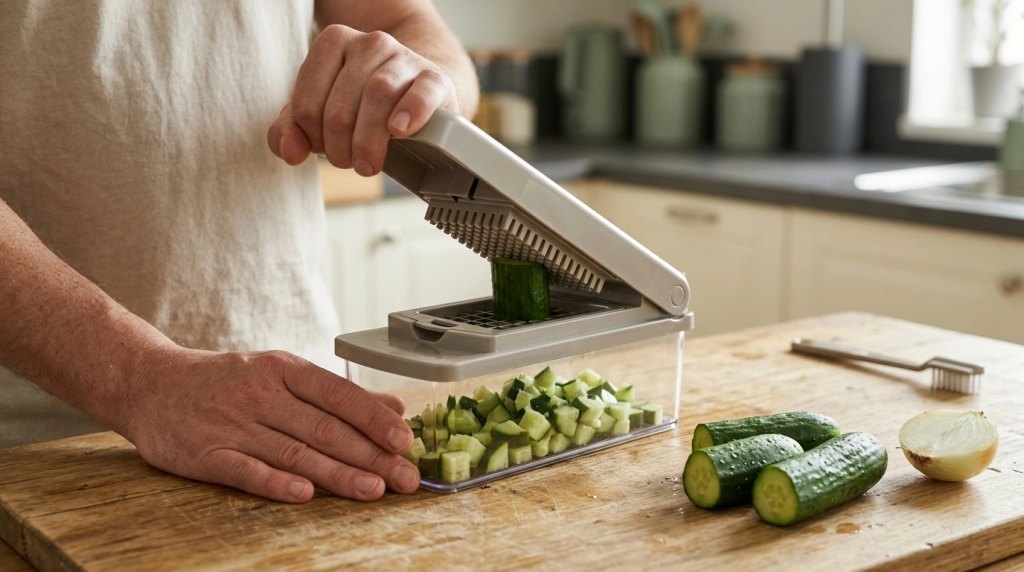 Home cook pressing a hinged vegetable chopper to dice cucumber through a stainless steel cutting grid.