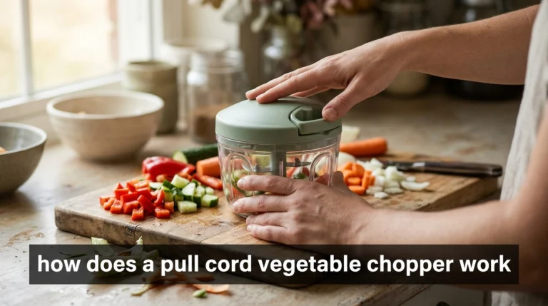 Pull cord vegetable chopper with visible handle, lid, blades, and freshly chopped vegetables on a kitchen counter.