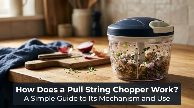 Pull string vegetable chopper filled with chopped onion and herbs on a wooden kitchen counter.