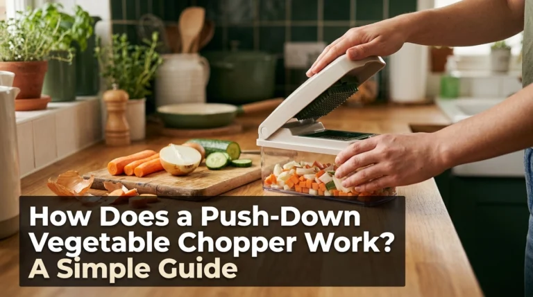Push-down vegetable chopper with cutting grid and freshly diced vegetables on a kitchen counter.