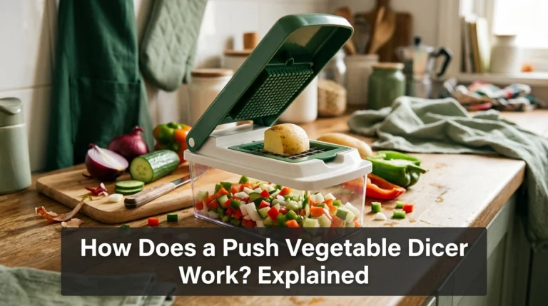 Push vegetable dicer with stainless steel cutting grid and container of freshly diced vegetables.