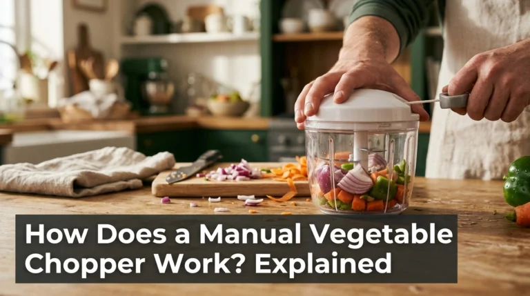 Manual vegetable chopper with chopped vegetables illustrating how its hand-powered cutting mechanism works.