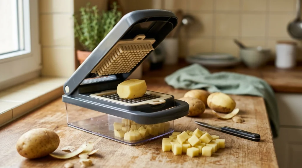 Close-up of a push-down chopper grid beside evenly diced potato cubes on a kitchen countertop