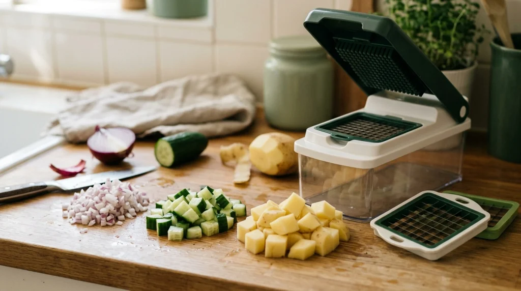 Hands measuring diced cucumber pieces beside a push-down vegetable chopper and removable blade grid.