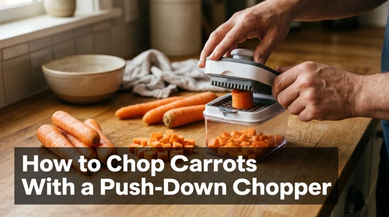 Push-down vegetable chopper with raw carrots and diced carrot pieces on a kitchen countertop.