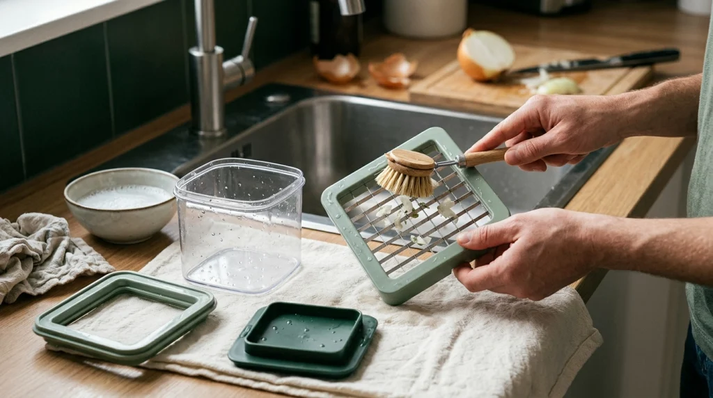 Removable stainless-steel push-down chopper blade grid and cleaning brush beside a kitchen sink.