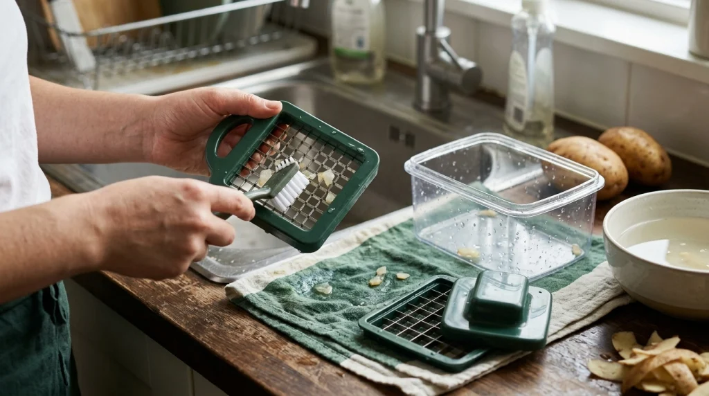 Manual vegetable chopper parts, a cleaning brush, and washed dicing-grid components beside a kitchen sink.