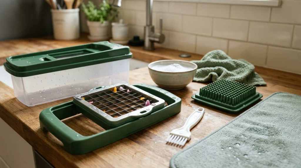 Manual push vegetable dicer blade grid, cleaning brush, and detached components arranged on a kitchen counter.