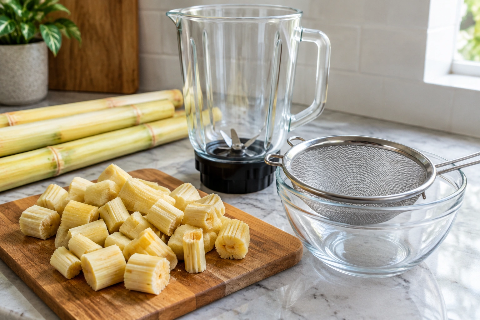 Peeled sugarcane cut into small pieces beside a blender jar and strainer