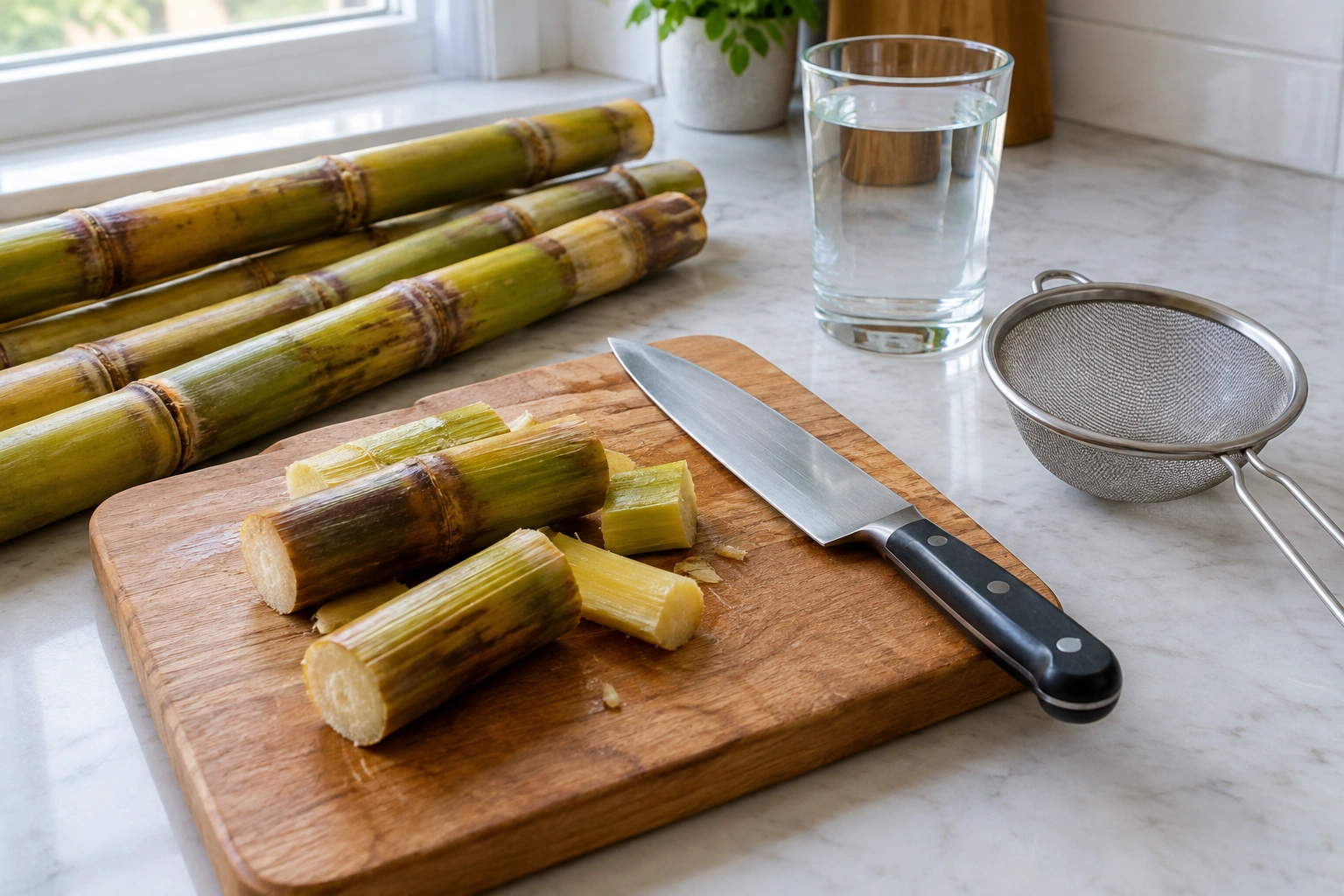 Sugarcane stalks with a knife, cutting board, and strainer on a kitchen counter