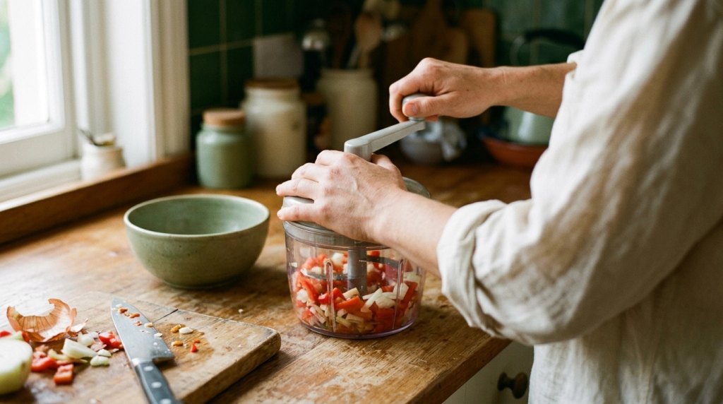 Home cook operating a manual rotary vegetable chopper with onions, tomatoes, and peppers in a kitchen.