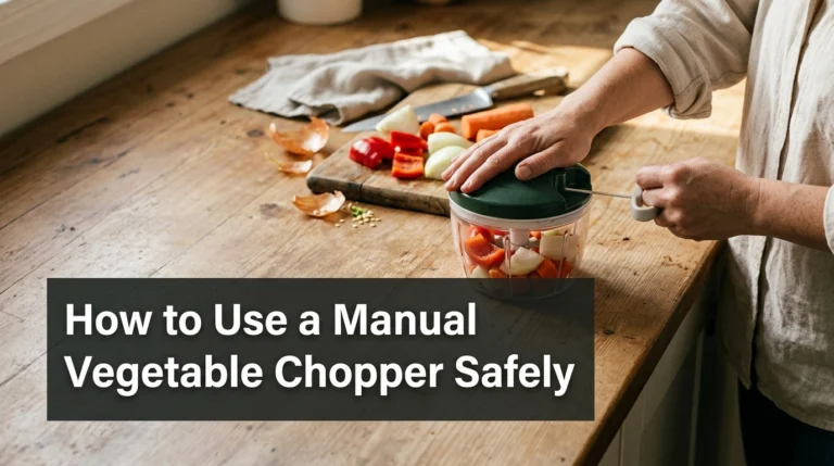 Manual vegetable chopper with fresh vegetables on a kitchen counter during safe food preparation.