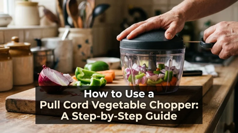How to use a pull cord vegetable chopper with fresh chopped vegetables on a kitchen counter.