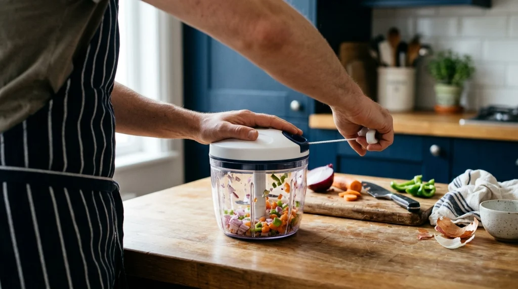 Home cook using a pull cord vegetable chopper with onion, carrot, and bell pepper pieces.