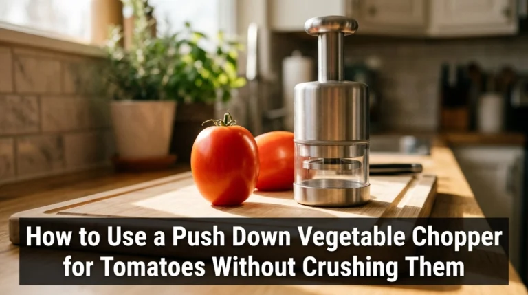 A modern push down vegetable chopper next to fresh tomatoes on a kitchen counter.