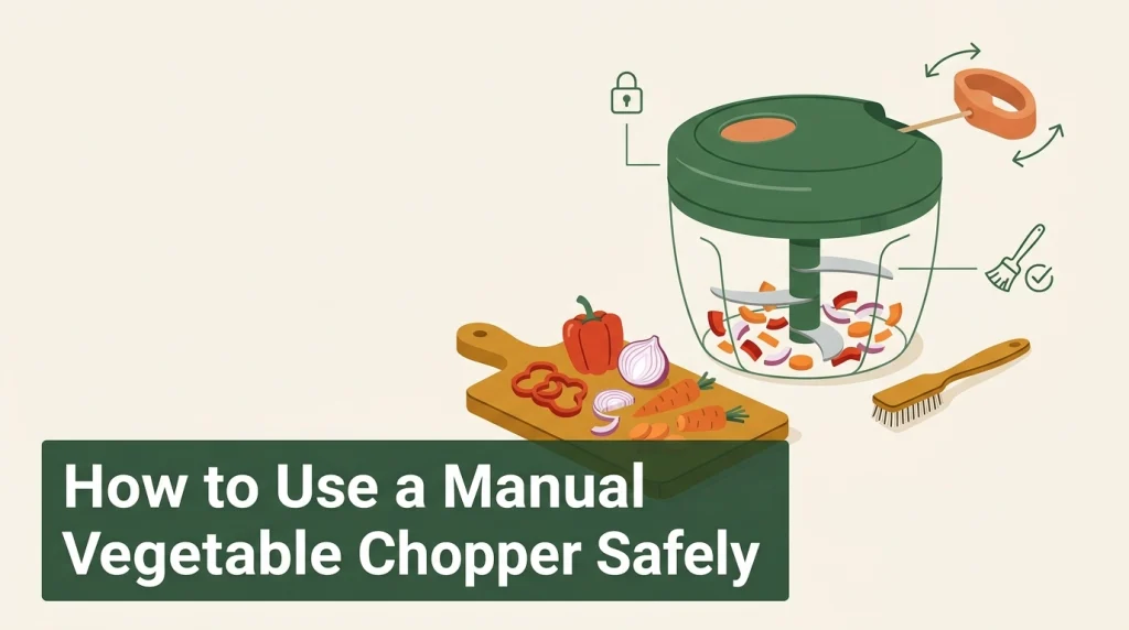 Pull-cord, push-down, and hinged grid-style manual vegetable choppers arranged on a kitchen counter.